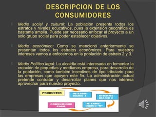 DESCRIPCION DE LOS
CONSUMIDORES


Medio social y cultural: La población presenta todos los
estratos y niveles educativos, pues la extensión geográfica es
bastante amplia. Puede ser necesario enfocar el proyecto a un
solo grupo social para poder establecer objetivos.



Medio económico: Como se mencionó anteriormente se
presentan todos los estratos económicos. Para nuestros
intereses vamos a enfocarnos en la población de estrato 2 y 3.



Medio Político legal: La alcaldía está interesada en fomentar la
creación de pequeñas y medianas empresa, para desarrollo de
la población, como también incentivos de tipo tributario para
las empresas que apoyen este fin. La administración actual
pretende contratar y desarrollar planes que nos interesa
aprovechar para nuestro proyecto.

 