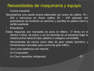Necesidades de maquinaria y equipo
Cocina Industrial
Necesitamos una estufa enana elaborada con acero de calibre 18 –
304 y estructura en Acero calibre 20 – 430 satinado con
quemadores de fundición en aluminio y parrillas en platina hierro y
varilla cuadrada

Embutidora
Estas máquinas son manuales se pone el relleno (7 litros) en el
cilindro o tolva de acero y con la manivela se va haciendo bajar la
materia prima hacia la tripa, plástico o colágeno comestible.

Herramientas de cocina como ollas de gran calado (tamaño), y
herramientas manuales para cocina de gran tráfico.

Una Línea telefónica con internet

Un Computador

Un Carro repartidor refrigerado


 