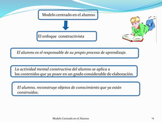 14
El enfoque constructivista
El alumno es el responsable de su propio proceso de aprendizaje.
La actividad mental constructiva del alumno se aplica a
los contenidos que ya posee en un grado considerable de elaboración.
El alumno, reconstruye objetos de conocimiento que ya están
construidos.
Modelo centrado en el alumno
Modelo Centrado en el Alumno
 