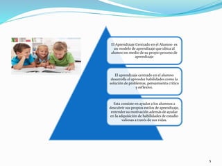 5
El Aprendizaje Centrado en el Alumno es
un modelo de aprendizaje que ubica al
alumno en medio de su propio proceso de
aprendizaje
El aprendizaje centrado en el alumno
desarrolla el aprender habilidades como la
solución de problemas, pensamiento crítico
y reflexivo.
Esta consiste en ayudar a los alumnos a
descubrir sus propios estilos de aprendizaje,
entender su motivación además de ayudar
en la adquisición de habilidades de estudio
valiosas a través de sus vidas.
 