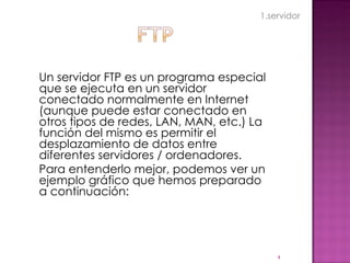 Un servidor FTP es un programa especial que se ejecuta en un servidor conectado normalmente en Internet (aunque puede estar conectado en otros tipos de redes, LAN, MAN, etc.) La función del mismo es permitir el desplazamiento de datos entre diferentes servidores / ordenadores. Para entenderlo mejor, podemos ver un ejemplo gráfico que hemos preparado a continuación: 1.servidor 