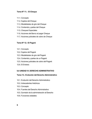 Tema Nº 11.- El Cheque
11.1. Concepto
11.2. Sujetos del Cheque
11.3. Modalidades de giro del Cheque
11.4. Contenido y partes del Cheque
11.5. Cheques Especiales
11.6. Acciones del Banco al pagar Cheque
11.7. Acciones judiciales de cobro de Cheque
Tema Nº 12.- El Pagaré
12.1. Concepto
12.2. Sujetos del Pagaré
12.3. Modalidades de giro del Pagaré
12.4. Contenido y partes de un Pagaré
12.5. Acciones judiciales de cobro del Pagaré
12.6. El Endoso
6.6 UNIDAD VI. DERECHO ADMINISTRATIVO
Tema 13.- Evolución del Derecho Administrativo
10.1. Evolución del Derecho Administrativo
10.2. Antecedentes históricos
10.3. Concepto
10.4. Fuentes del Derecho Administrativo
10.5. Sumisión de la administración al Derecho
10.6. Funciones estatales
6
 