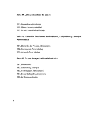 Tema 14. La Responsabilidad del Estado
11.1. Concepto y antecedentes
11.2. Clases de responsabilidad
11.3. La responsabilidad del Estado
Tema 15. Elementos del Proceso Administrativo, Competencia y Jerarquía
Administrativa
12.1. Elementos del Proceso Administrativo
12.2. Competencia Administrativa
12.3. Jerarquía Administrativa
Tema 16. Formas de organización Administrativa
13.1. Introducción
13.2. Autonomía y Autarquía
13.3. Centralización Administrativa
13.4. Descentralización Administrativa
13.5. La Desconcentración
7
 
