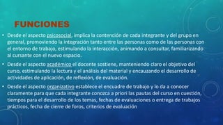 FUNCIONES 
• Desde el aspecto psicosocial, implica la contención de cada integrante y del grupo en 
general, promoviendo la integración tanto entre las personas como de las personas con 
el entorno de trabajo, estimulando la interacción, animando a consultar, familiarizando 
al cursante con el nuevo espacio. 
• Desde el aspecto académico el docente sostiene, manteniendo claro el objetivo del 
curso, estimulando la lectura y el análisis del material y encauzando el desarrollo de 
actividades de aplicación, de reflexión, de evaluación. 
• Desde el aspecto organizativo establece el encuadre de trabajo y lo da a conocer 
claramente para que cada integrante conozca a priori las pautas del curso en cuestión, 
tiempos para el desarrollo de los temas, fechas de evaluaciones o entrega de trabajos 
prácticos, fecha de cierre de foros, criterios de evaluación 
 