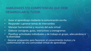 HABILIDADES Y/O COMPETENCIAS QUE DEBE 
DESARROLLAR EL TUTOR: 
• Guiar el aprendizaje mediante la comunicación escrita 
• Responder y generar temas de intercambio 
• Manejar herramientas y recursos del aula virtual 
• Elaborar consignas, guías, instructivos y cronogramas 
• Planificar actividades individuales y de trabajo en grupo, adecuándose a 
la diversidad 
• Generar propuestas para favorecer el conocimiento mutuo y la 
conformación de una comunidad virtual de aprendizaje 
 
