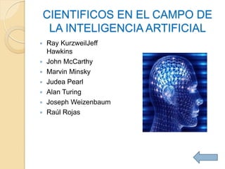 CIENTIFICOS EN EL CAMPO DE
     LA INTELIGENCIA ARTIFICIAL
   Ray KurzweilJeff
    Hawkins
   John McCarthy
   Marvin Minsky
   Judea Pearl
   Alan Turing
   Joseph Weizenbaum
   Raúl Rojas
 