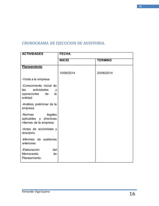 Fernando Vigo Guerra 
16 
16 
CRONOGRAMA DE EJECUCION DE AUDITORIA. 
ACTIVIDADES FECHA 
INICIO TERMINO 
Planeamiento 
-Visita a la empresa 
-Conocimiento inicial de 
las actividades y 
operaciones de la 
entidad 
-Análisis preliminar de la 
empresa 
-Normas legales 
aplicables y directivas 
internas de la empresa 
-Actas de accionistas y 
directorio 
-Informes de auditorias 
anteriores 
-Elaboración del 
Memorando de 
Planeamiento. 
10/06/2014 
20/06/2014 
 