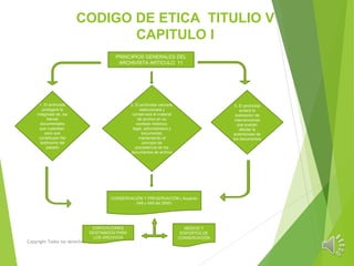 CODIGO DE ETICA TITULIO V
CAPITULO I
Copyright Todos los derechos reservados
PRINCIPIOS GENERALES DEL
ARCHIVÍSTA ARTÍCULO 11
1. El archivísta
protegerá la
integridad de, los
bienes
documentales
que custodian,
para que
constituyan fiel
testimonio del
pasado
2. El archivísta valorará,
seleccionará y
conservará el material
de archivo en su
contexto histórico,
legal, administrativo y
documental,
manteniendo el
principio de
procedencia de los
documentos de archivo
3. El archivista
evitará la
realización de
intervenciones
que puedan
afectar la
autenticidad de
los documentos
CONSERVACIÓN Y PRESERVACIÓN ( Acuerdo
048 y 049 del 2000)
EDIFICACIONES
DESTINADOS PARA
LOS ARCHIVOS
MEDIOS Y
SOPORTES DE
CONSERVACIÓN
 