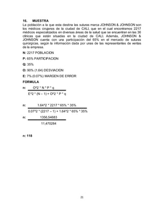 21
16. MUESTRA
La población a la que esta destina las suturas marca JOHNSON & JOHNSON son
los médicos cirujanos de la ciudad de CALI, que en el cual encontramos 2217
médicos especializados en diversas áreas de la salud que se encuentran en las 36
clínicas que están situadas en la ciudad de CALI. Además, JOHNSON &
JOHNSON cuenta con una participación del 65% en el mercado de suturas
quirúrgicas, según la información dada por unas de las representantes de ventas
de la empresa.
N: 2217 POBLACION
P: 65% PARTICIPACION
Q: 35%
O: 90% (1.64) DESVIACION
E: 7% (0.07%) MARGEN DE ERROR
FORMULA
n: O^2 * N * P * q
E^2 * (N – 1) + O^2 * P * q
n: 1.64^2 * 2217 * 65% * 35%
0.07^2 * (2217 – 1) + 1.64^2 * 65% * 35%
n: 1356,54683
11,470284
n: 118
 