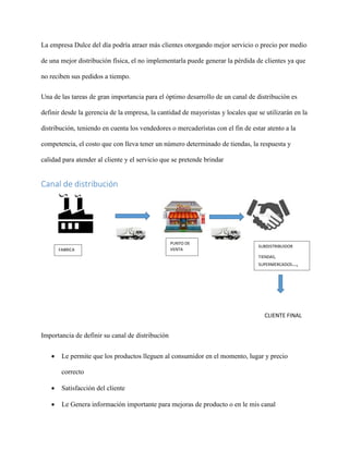 La empresa Dulce del día podría atraer más clientes otorgando mejor servicio o precio por medio
de una mejor distribución física, el no implementarla puede generar la pérdida de clientes ya que
no reciben sus pedidos a tiempo.
Una de las tareas de gran importancia para el óptimo desarrollo de un canal de distribución es
definir desde la gerencia de la empresa, la cantidad de mayoristas y locales que se utilizarán en la
distribución, teniendo en cuenta los vendedores o mercaderístas con el fin de estar atento a la
competencia, el costo que con lleva tener un número determinado de tiendas, la respuesta y
calidad para atender al cliente y el servicio que se pretende brindar
Canal de distribución
CLIENTE FINAL
Importancia de definir su canal de distribución
 Le permite que los productos lleguen al consumidor en el momento, lugar y precio
correcto
 Satisfacción del cliente
 Le Genera información importante para mejoras de producto o en le mis canal
FABRICA
PUNTO DE
VENTA
SUBDISTRIBUIDOR
TIENDAS,
SUPERMERCADOS…,
 