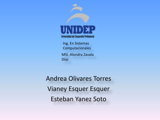 Andrea Olivares Torres
Vianey Esquer Esquer
Esteban Yanez Soto
Ing. En Sistemas
Computacionales
MSI. Alondra Zavala
Díaz
 