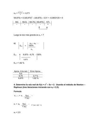 xr3 =

f(6,875) = 0,3(6,875)2 – 2(6,875) – 0,51 = -0,0803125 < 0

  f(6)            f(6,5)       f(6,75) f(6,875)      f(7)
    -                -            -        -           +




Luego la raíz más grande es xu = 7



c)                          xr3 – xr2      *
           Er3       =     100%
                                Xr3

Er3        =      6,875 – 6,75         * 100%


                   6,875

Er3 = 1,82 %



Aprox. A la raíz               Error Aprox.
      6,5
     6,75                            3,7 %
    6,875                            1,82 %


4. Determine la raíz real de f(x) = x3 – 5x + 2. Usando el método de Newton –
Raphson (tres iteraciones iniciando con x0 = 2,5).

Formula

xi   + 1   = xi       f(xi)      -
                     f '(xi)


x1 = x0           f(xi)    -
                                 f ‘ (x) = 3x2 - 5
                 f '(xi)


x0 = 2,5
 