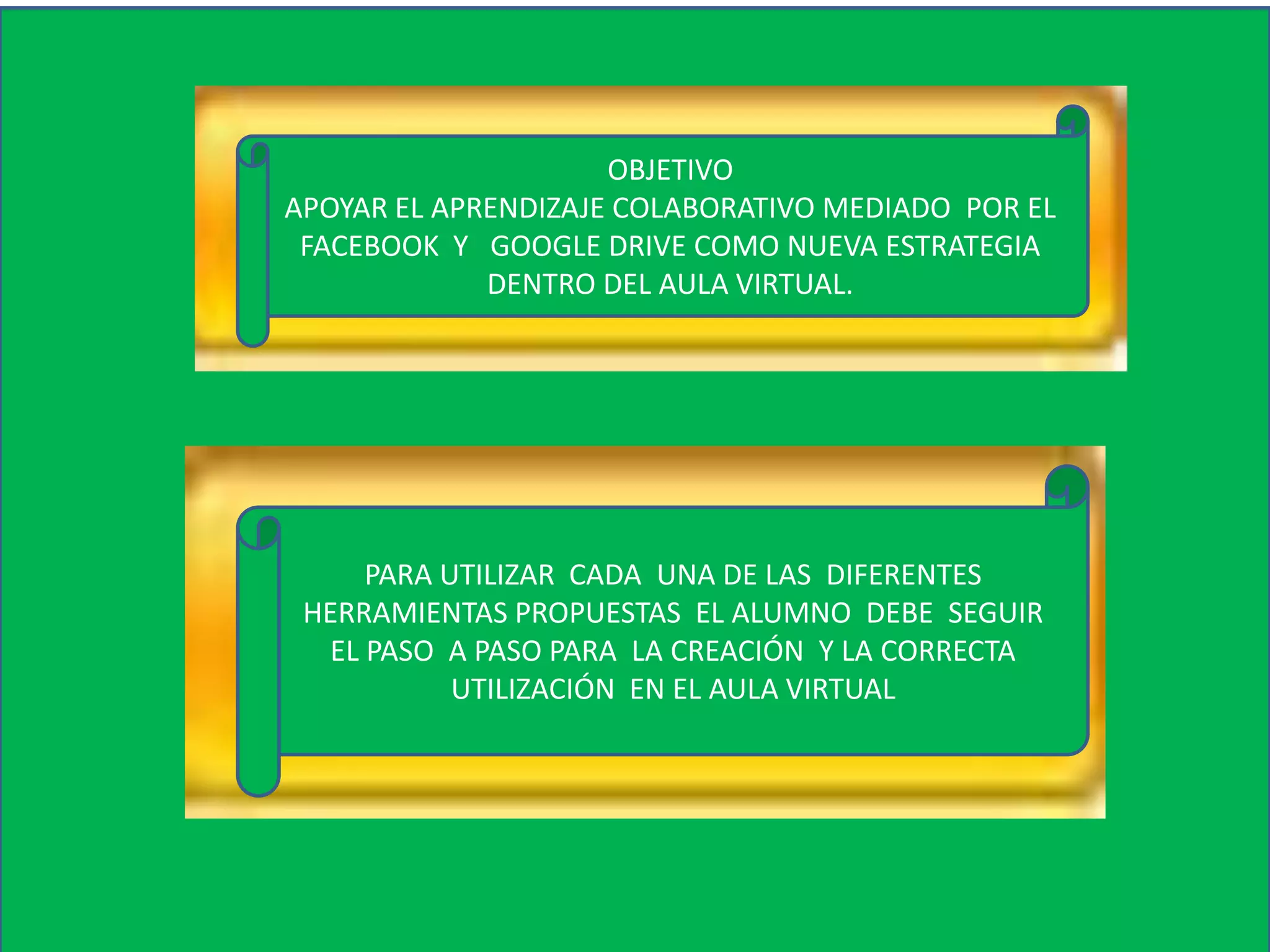 OBJETIVO
APOYAR EL APRENDIZAJE COLABORATIVO MEDIADO POR EL
FACEBOOK Y GOOGLE DRIVE COMO NUEVA ESTRATEGIA
DENTRO DEL AULA VIRTUAL.
PARA UTILIZAR CADA UNA DE LAS DIFERENTES
HERRAMIENTAS PROPUESTAS EL ALUMNO DEBE SEGUIR
EL PASO A PASO PARA LA CREACIÓN Y LA CORRECTA
UTILIZACIÓN EN EL AULA VIRTUAL