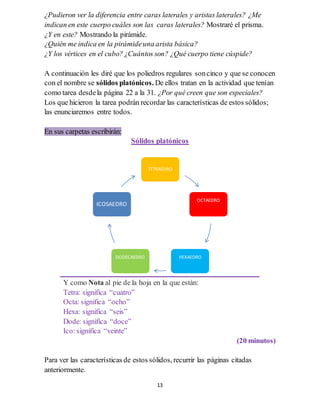 13
¿Pudieron ver la diferencia entre caras laterales y aristas laterales? ¿Me
indican en este cuerpo cuáles son las caras laterales? Mostraré el prisma.
¿Y en este? Mostrando la pirámide.
¿Quién me indica en la pirámideuna arista básica?
¿Y los vértices en el cubo? ¿Cuántos son? ¿Qué cuerpo tiene cúspide?
A continuación les diré que los poliedros regulares soncinco y que se conocen
con el nombre se sólidos platónicos. De ellos tratan en la actividad que tenían
como tarea desdela página 22 a la 31. ¿Por qué creen que son especiales?
Los que hicieron la tarea podrán recordar las características de estos sólidos;
las enunciaremos entre todos.
En sus carpetas escribirán:
Sólidos platónicos
Y como Nota al pie de la hoja en la que están:
Tetra: significa “cuatro”
Octa: significa “ocho”
Hexa: significa “seis”
Dode: significa “doce”
Ico: significa “veinte”
(20 minutos)
Para ver las características de estos sólidos, recurrir las páginas citadas
anteriormente.
TETRAEDRO
OCTAEDRO
HEXAEDRODODECAEDRO
ICOSAEDRO
 