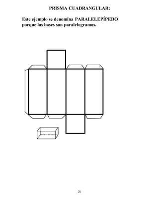25
PRISMA CUADRANGULAR:
Este ejemplo se denomina PARALELEPÍPEDO
porque las bases son paralelogramos.
 