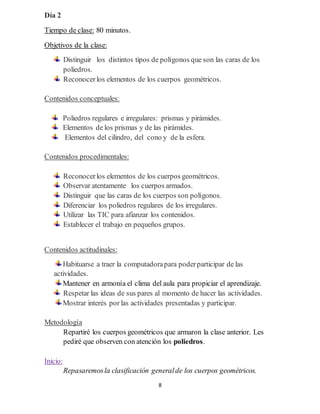 8
Día 2
Tiempo de clase: 80 minutos.
Objetivos de la clase:
Distinguir los distintos tipos de polígonos que son las caras de los
poliedros.
Reconocerlos elementos de los cuerpos geométricos.
Contenidos conceptuales:
Poliedros regulares e irregulares: prismas y pirámides.
Elementos de los prismas y de las pirámides.
Elementos del cilindro, del cono y de la esfera.
Contenidos procedimentales:
Reconocerlos elementos de los cuerpos geométricos.
Observar atentamente los cuerpos armados.
Distinguir que las caras de los cuerpos son polígonos.
Diferenciar los poliedros regulares de los irregulares.
Utilizar las TIC para afianzar los contenidos.
Establecer el trabajo en pequeños grupos.
Contenidos actitudinales:
Habituarse a traer la computadorapara poderparticipar de las
actividades.
Mantener en armonía el clima del aula para propiciar el aprendizaje.
Respetar las ideas de sus pares al momento de hacer las actividades.
Mostrar interés por las actividades presentadas y participar.
Metodología
Repartiré los cuerpos geométricos que armaron la clase anterior. Les
pediré que observen con atención los poliedros.
Inicio:
Repasaremosla clasificación generalde los cuerpos geométricos.
 
