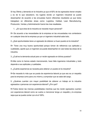 Si hay Oferta y demanda en la Industria ya que el 92% de los egresados tienen empleo
y es de lo que estudiaron, los lugares donde un ingeniero industrial se puede
desempeñar de acuerdo a las encuestas fueron diferentes resultados ya que todos
trabajaban en diferentes áreas como: Logística, Calidad, Lean Manufacturing,
Producción, Ventas y Administración fueron las mas resaltadas.

   1. ¿En que área de la industria se necesita mayor personal?

R= De acuerdo a las necesidades de la empresa en las encuestadas nos contestaron
en cualquier área de la empresa ya que un ingeniero industrial sabe todo.

2. ¿Qué oportunidades tiene un egresado de obtener un buen puesto en la industria?

R= Tiene una muy buena oportunidad porque toman de referencia sus aptitudes y
cualidades, aparte que un ingeniero se puede desempeñar en casi todas las áreas de la
industria.

3. ¿Cuál es la demanda actual para un recién egresado en dichos puestos?

R=Alta como lo hemos estado mencionando, hace falta ingenieros industriales y todo
depende a sus aptitudes y cualidades.

4. ¿Cuánta experiencia se necesita para obtener un puesto en la industria?

R=Se necesita lo más que se pueda de experiencia laboral ya que eso es un respaldo
para la empresa como para uno mismo y comprobar que se sabe del cargo.

5. ¿Quiénes cuentan con mayor posibilidad de obtener un trabajo en la industria
egresados o personas con experiencia laboral? ¿Por qué?

R=Todos tienen las mismas posibilidades mientras que los recién egresados cuenten
con experiencia laboral como se vuelve a mencionar tenga un respaldo y la empresa
sepa que se puede contar con el al 100%.




                                                                                     16
 