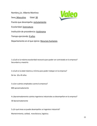 Nombre: Lic. Alberto Martínez

Sexo: Masculino        Edad: 38

Puesto que desempeña: reclutamiento

Escolaridad: licenciatura

Institución de procedencia: Autónoma

Tiempo ejerciendo: 8 años

Departamento en el que ejerce: Recursos humanos




1-¿Cuál es la máxima escolaridad necesaria para poder ser contratado en la empresa?
Secundaria y maestría



2-¿Cuál es la edad máxima y mínima para poder trabajar en la empresa?

De los 18 a 45 años



3-¿Con cuántos empleados cuenta la empresa?

800 aproximadamente



4-¿Aproximadamente cuántos Ingenieros Industriales se desempeñan en la empresa?

30 Aproximadamente



5-¿En qué áreas se puede desempeñar un Ingeniero Industrial?

Mantenimiento, calidad, manufactura, logística.
                                                                                      22
 