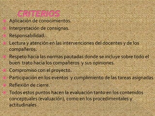    Aplicación de conocimientos.
   Interpretación de consignas.
   Responsabilidad.
   Lectura y atención en las intervenciones del docentes y de los
    compañeros.
   Respeto hacia las normas pautadas donde se incluye sobre todo el
    buen trato hacia los compañeros y sus opiniones.
   Compromiso con el proyecto.
   Participación en los eventos y cumplimiento de las tareas asignadas
   Reflexión de cierre.
   Todos estos puntos hacen la evaluación tanto en los contenidos
    conceptuales (evaluación), como en los procedimentales y
    actitudinales .
 