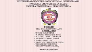 UNIVERSIDAD NACIONAL SAN CRIST0BAL DE HUAMANGA
FACULTAD CIENCIAS DE LA SALUD
ESCUELA PROFESIONAL DE OBSTETRICIA
DOCENTE:
ELSA ROSA FUENTES NOLAZCO
INTEGRANTES:
 MUÑOZ DURAN DEYSI
 N AJARRO BARRIENTOS ROSSY
 NAVARRO ARONE LUZ GIMENA
 NUÑEZ CAJAMARCA JANETH
 OJEDA OSPINO LILEY
 OLARTE GUTIERREZ FLOR CINTIA
 ORE VELAZQUEZ PAMELA
 ORE VENTURA LUZ GIMENA
AYACUCHO-PERÚ-2022
 