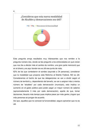   12	
  
4.
Esta pregunta arroja resultados muy interesantes que nos remiten a la
pregunta número dos, donde se les preguntó a los entrevistados en qué creían
que nos iba a afectar más el cambio de nombre, una gran parte mencionó que
en el dinero y es aquí donde nos es útil ese punto de vista.
62% de los que contestaron el sondeo (equivale a 34 personas), consideran
que la modalidad que propone esta Reforma al Distrito Federal, NO es útil.
Consideremos el hecho de que las delegaciones se van a dividir según el
número de territorio y, dependiendo del tamaño, se van a asignar más o menos
número de “alcaldes” por cada demarcación (municipio), esto implica un
aumento en el gasto público para poder pagar un mayor número de salarios
(aproximadamente 3 más por cada demarcación), aparte de que, tomar
decisiones, llevaría más tiempo pues implica pasar por más gente y lograr que
más personas se pongan de acuerdo.
Así que, aquellos que no conocen la funcionalidad, seguro opinarían que no es
útil.
4%	
  
62%	
  
34%	
  
¿Consideras	
  que	
  esta	
  nueva	
  modalidad	
  
de	
  Alcaldes	
  y	
  demarcaciones	
  sea	
  útil?	
  
Sí	
   No	
   Desconozco	
  la	
  funcionalidad	
  
 