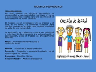 MODELOS PEDAGÓGICOS PEDAGÓGICO SOCIAL En este modelo los alumnos desarrollan su personalidad y sus capacidades cognitivas en torno a las necesidades sociales para una colectividad en consideración del hacer científico.  El maestro es un investigador de su práctica y el aula es un taller. Se pretende capacitar para resolver problemas sociales para mejorar la calidad de vida de una comunidad.  La evaluación es cualitativa y puede ser individual o colectiva. Se da preferencia a la autoevaluación y coevaluación, pues el trabajo es principalmente solidario. Metas:  Crecimiento del individuo para la  producción social Método  : Énfasis en el trabajo productivo  Desarrollo  : Progresivo y secuencial impulsado  por el aprendizaje de las ciencias Contenidos  : Científico - técnico Relación Maestro – Alumno  : Bidireccional. 