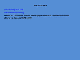 BIBLIOGRAFIA www.monografias.com www.salesianoscam.org Lesmes M. Yelianovna. Módulo de Pedagogias mediadas Universidad nacional abierta y a distancia UNAD. 2009 