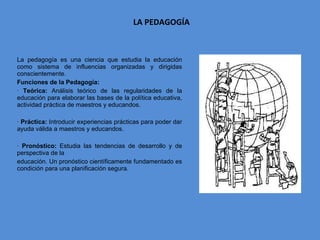 LA PEDAGOGÍA La pedagogía es una ciencia que estudia la educación como sistema de influencias organizadas y dirigidas conscientemente. Funciones de la Pedagogía: ·  Teórica:  Análisis teórico de las regularidades de la educación para elaborar las bases de la política educativa, actividad práctica de maestros y educandos. ·  Práctica:  Introducir experiencias prácticas para poder dar ayuda válida a maestros y educandos. ·  Pronóstico:  Estudia las tendencias de desarrollo y de perspectiva de la educación. Un pronóstico científicamente fundamentado es condición para una planificación segura. 