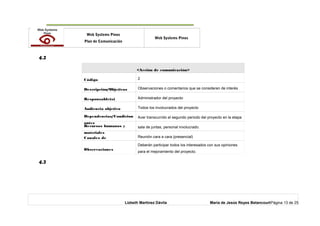o Web Systems Pinos
Plan de Comunicación
Web Systems Pinos
4.2
<Acción de comunicación>
Código 2
Descripción/Objetivos Observaciones o comentarios que se consideren de interés
Responsable(s) Administrador del proyecto
Audiencia objetivo Todos los involucrados del proyecto
Dependencias/Condicion
antes
Aver transcurrido el segundo periodo del proyecto en la etapa
Recursos humanos y
materiales
sala de juntas, personal involucrado.
Canales de Reunión cara a cara (presencial)
Observaciones
Deberán participar todos los interesados con sus opiniones
para el mejoramiento del proyecto.
4.3
Lizbeth Martínez Dávila María de Jesús Reyes BetancourtPágina 13 de 25
 