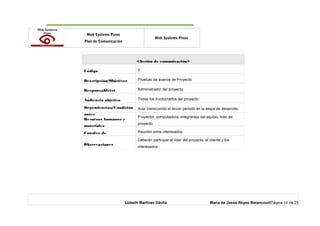 o Web Systems Pinos
Plan de Comunicación
Web Systems Pinos
<Acción de comunicación>
Código 3
Descripción/Objetivos Pruebas de avance de Proyecto
Responsable(s) Administrador del proyecto
Audiencia objetivo Todos los involucrados del proyecto
Dependencias/Condicion
antes
Aver transcurrido el tercer periodo en la etapa de desarrollo.
Recursos humanos y
materiales
Proyector, computadora, integrantes del equipo, líder de
proyecto.
Canales de Reunión entre interesados.
Observaciones
Deberán participar el líder del proyecto, el cliente y los
interesados.
Lizbeth Martínez Dávila María de Jesús Reyes BetancourtPágina 14 de 25
 