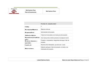o Web Systems Pinos
Plan de Comunicación
Web Systems Pinos
<Acción de comunicación>
Código 5
Descripción/Objetivos Mejoras continuas
Responsable(s) Administrador del proyecto
Audiencia objetivo Todos los involucrados en el transcurso del proyecto
Dependencias/Condicion
antes
Aver transcurrido el último periodo en la etapa de cierre.
Recursos humanos y
materiales
Proyector, computadora, integrantes del equipo, líder de
proyecto.
Canales de Reunión entre interesados, que sea cara a cara.
Observaciones
Deberán participar el líder del proyecto, el cliente y los
interesados del proyecto..
Lizbeth Martínez Dávila María de Jesús Reyes BetancourtPágina 16 de 25
 
