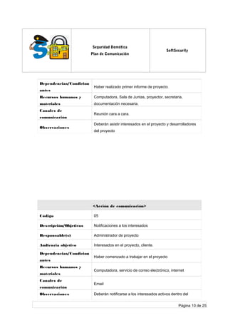 log
o
Seguridad Domótica
Plan de Comunicación
SoftSecurity
Dependencias/Condicion
antes
Haber realizado primer informe de proyecto.
Recursos humanos y
materiales
Computadora, Sala de Juntas, proyector, secretaria,
documentación necesaria.
Canales de
comunicación
Reunión cara a cara.
Observaciones
Deberán asistir interesados en el proyecto y desarrolladores
del proyecto
<Acción de comunicación>
Código 05
Descripción/Objetivos Notificaciones a los interesados
Responsable(s) Administrador de proyecto
Audiencia objetivo Interesados en el proyecto, cliente.
Dependencias/Condicion
antes
Haber comenzado a trabajar en el proyecto
Recursos humanos y
materiales
Computadora, servicio de correo electrónico, internet
Canales de
comunicación
Email
Observaciones Deberán notificarse a los interesados activos dentro del
Página 10 de 25
 