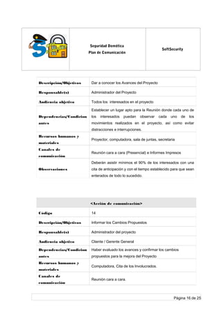 log
o
Seguridad Domótica
Plan de Comunicación
SoftSecurity
Descripción/Objetivos Dar a conocer los Avances del Proyecto
Responsable(s) Administrador del Proyecto
Audiencia objetivo Todos los interesados en el proyecto
Dependencias/Condicion
antes
Establecer un lugar apto para la Reunión donde cada uno de
los interesados puedan observar cada uno de los
movimientos realizados en el proyecto, así como evitar
distracciones e interrupciones.
Recursos humanos y
materiales
Proyector, computadora, sala de juntas, secretaria
Canales de
comunicación
Reunión cara a cara (Presencial) e Informes Impresos
Observaciones
Deberán asistir mínimos el 90% de los interesados con una
cita de anticipación y con el tiempo establecido para que sean
enterados de todo lo sucedido.
<Acción de comunicación>
Código 14
Descripción/Objetivos Informar los Cambios Propuestos
Responsable(s) Administrador del proyecto
Audiencia objetivo Cliente / Gerente General
Dependencias/Condicion
antes
Haber evaluado los avances y confirmar los cambios
propuestos para la mejora del Proyecto
Recursos humanos y
materiales
Computadora, Cita de los Involucrados.
Canales de
comunicación
Reunión cara a cara.
Página 16 de 25
 