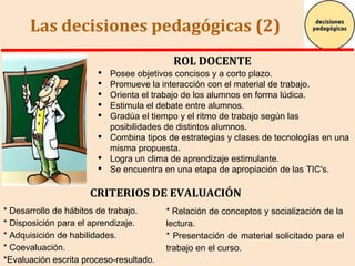 Las decisiones pedagógicas (2)
•
•
•
•
•
•
•
•

ROL DOCENTE
Posee objetivos concisos y a corto plazo.
Promueve la interacción con el material de trabajo.
Orienta el trabajo de los alumnos en forma lúdica.
Estimula el debate entre alumnos.
Gradúa el tiempo y el ritmo de trabajo según las
posibilidades de distintos alumnos.
Combina tipos de estrategias y clases de tecnologías en una
misma propuesta.
Logra un clima de aprendizaje estimulante.
Se encuentra en una etapa de apropiación de las TIC's.

CRITERIOS DE EVALUACIÓN
* Desarrollo de hábitos de trabajo.
* Disposición para el aprendizaje.
* Adquisición de habilidades.
* Coevaluación.
*Evaluación escrita proceso-resultado.

* Relación de conceptos y socialización de la
lectura.
* Presentación de material solicitado para el
trabajo en el curso.

 