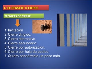 Invitación Cierre dirigido. Cierre alternativo. Cierre secundario. Cierre por autorización. Cierre por hoja de pedido. Quiero pensármelo un poco más. 4. EL REMATE O CIERRE TÉCNICAS DE CIERRE 