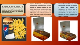 Al momento de llegar el producto a la
mesa, la hamburguesa será servida en un
plato, envuelta en papel con su respectiva
bebida, las papas en un recipiente al igual
que las salsas, el plato y los recipientes
serán de color negro
Empaque Tradicional: La hamburguesa
estará envuelta en papel aluminio con, las
papas en un pequeño recipiente, en una
caja de cartón con un compartimiento para
la bebida, esta caja será resistente y fácil
de llevar para evitar cualquier ruptura de la
misma. Todas estas con el logo y colores
corporativos del local.
Empaque Especial. Esta se las dará en
las noches de tributo de los cantantes
y bandas, este empaque es
básicamente el mismo que el
tradicional, la diferencia es que será
personalizada; es decir toda su
estructura irá con el nombre de la
banda o el cantante.
 