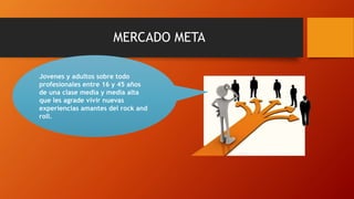 MERCADO META
Jovenes y adultos sobre todo
profesionales entre 16 y 45 años
de una clase media y media alta
que les agrade vivir nuevas
experiencias amantes del rock and
roll.
 