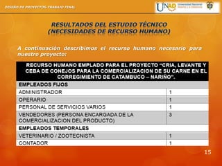 A continuación describimos el recurso humano necesario para
nuestro proyecto:
DISEÑO DE PROYECTOS-TRABAJO FINAL
15
 