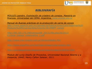MOULES Leandro. Explotación de criadero de conejos. Maestría en
finanzas. Universidad del CEMA. Argentina. www.ucema.edu.ar
Manual de Buenas prácticas en la producción de carne de conejo
http://www.sagarpa.gob.mx/ganaderia/Publicaciones/Lists/Sistemas%20
Producto%20Pecuarios/Attachments/39/3MBPP_conejo
http://66.165.175.248/campus08_20131/file.php/26/2013-
01/Guia_trabajo_colaborativo_1.pdf
http://www.cria-conejos.com.ar/Generalidades.htm
http://www.angelfire.com/ia2/ingenieriaagricola/conejos.htm
http://granjalagabriela.blogspot.com/search/label/CUNICULTURA
Modulo del curso Diseño de Proyectos, Universidad Nacional Abierta y a
Distancia, UNAD, Henry Cañon Salazar, 2011.
DISEÑO DE PROYECTOS-TRABAJO FINAL
19
 