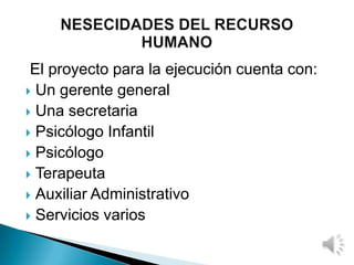 El proyecto para la ejecución cuenta con:
 Un gerente general
 Una secretaria
 Psicólogo Infantil
 Psicólogo
 Terapeuta
 Auxiliar Administrativo
 Servicios varios
 