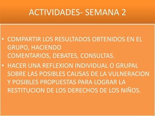 ACTIVIDADES- SEMANA 2

• COMPARTIR LOS RESULTADOS OBTENIDOS EN EL
  GRUPO, HACIENDO
  COMENTARIOS, DEBATES, CONSULTAS.
• HACER UNA REFLEXION INDIVIDUAL O GRUPAL
  SOBRE LAS POSIBLES CAUSAS DE LA VULNERACION
  Y POSIBLES PROPUESTAS PARA LOGRAR LA
  RESTITUCION DE LOS DERECHOS DE LOS NIÑOS.
 