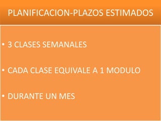 PLANIFICACION-PLAZOS ESTIMADOS


• 3 CLASES SEMANALES

• CADA CLASE EQUIVALE A 1 MODULO

• DURANTE UN MES
 