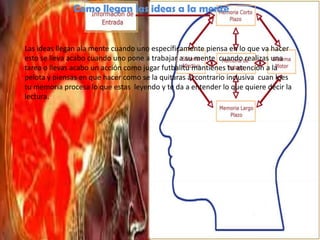 Como llegan las ideas a la menteLas ideas llegan ala mente cuando uno específicamente piensa en lo que va hacer esto se lleva acabo cuando uno pone a trabajar a su mente  cuando realizas una tarea o llevas acabo un acción como jugar futballtu mantienes tu atención a la pelota y piensas en que hacer como se la quitaras al contrario inclusiva  cuan lees tu memoria procesa lo que estas  leyendo y te da a entender lo que quiere decir la lectura.