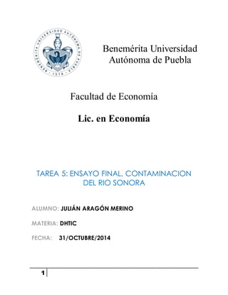 1 
Benemérita Universidad 
Autónoma de Puebla 
Facultad de Economía 
Lic. en Economía 
TAREA 5: ENSAYO FINAL. CONTAMINACION 
DEL RIO SONORA 
ALUMNO: JULIÁN ARAGÓN MERINO 
MATERIA: DHTIC 
FECHA: 31/OCTUBRE/2014 
 