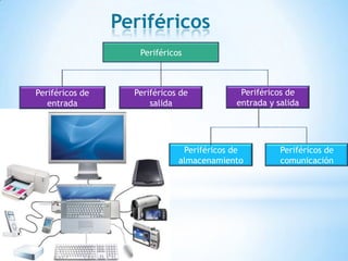 Periféricos
Periféricos

Periféricos de
entrada

Periféricos de
salida

Periféricos de
entrada y salida

Periféricos de
almacenamiento

Periféricos de
comunicación

 