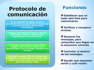 Protocolo de
comunicación
Es un conjunto de reglas, normas y
procedimientos que garantizan la integridad
y correcta secuencia de los datos
transmitidos.
Asegura que todos los nodos de una red
informática, emiten y reciben datos
organizados en la misma forma.

Es similar a la gramática de un idioma:
asegura que lo que se comunica es
comprensible y que se pueden identificar los
errores.
Ejemplo: Protocolo TCP/IP. Todo par de
computadoras conectadas a Internet, deben
seguir las normas del protocolo TCP/IP,
para intercambiar datos.

Funciones
Establecer que un
nodo está listo para
comunicarse.
Verificar y recuperar
errores.
Numerar los
mensajes, para
comprobar que llegan en
la secuencia correcta.
Controlar el destino
de los mensajes.
Decidir qué elemento
emitir y cuál recibir.

 