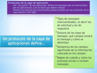 Protocolos de la capa de aplicación

Son “una parte” de una aplicación. Define los mensajes que se intercambian
por las aplicaciones y las acciones que deben realizar.
Utilizan los servicios de comunicación proporcionados por los protocolos de la
capa inferior (TCP, UDP)

* Tipos de mensajes

intercambiados, es decir los
de solicitud y los de
respuesta

* Sintaxis de los tipos de

Un protocolo de la capa de
aplicaciones define…

mensaje: qué campos tendrá
el mensaje y cómo se
delimitan

* Semántica de los campos:

significado de la información
colocada en los campos

* Reglas de cuándo y cómo los
procesos envían o reciben
mensajes

 