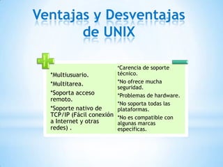 Ventajas y Desventajas
de UNIX
*Carencia de soporte

*Multiusuario.
*Multitarea.
*Soporta acceso
remoto.
*Soporte nativo de
TCP/IP (Fácil conexión
a Internet y otras
redes) .

técnico.
*No ofrece mucha
seguridad.
*Problemas de hardware.
*No soporta todas las
plataformas.
*No es compatible con
algunas marcas
específicas.

 