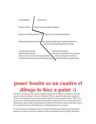 poner bonito es un cuadro el
dibujo lo hice a paint :)
Para llevar a la práctica en la escuela un modelo que potencie la educación inclusiva es necesario
que todo el personal educativo (Ferrer y Martinez, 2005), en especial los profesores, tengan una
visión y un actitud positiva acerca de la inclusión (Cardona, Cook, Semmel y Gerber, 1999). Si no
se da el caso, el desarrollar dicho modelo será bastante complicado. Por tanto, una de las premisas
fundamentales que se deben cumplir para que el modelo se desarrolle de manera adecuada es que se
dé una implicación activa del profesorado y la comunidad educativa en general.
Si como profesores nos planteamos que la atención de determinados alumnos puede entorpecer o
ralentizar el avance del resto de los alumnos, estaremos trabajando desde una lógica claramente
 