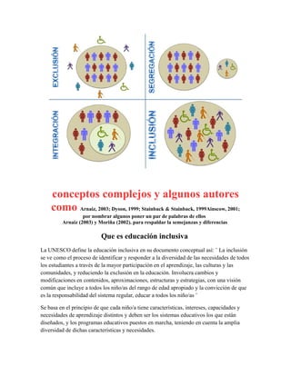 conceptos complejos y algunos autores
como Arnaiz, 2003; Dyson, 1999; Stainback & Stainback, 1999Ainscow, 2001;
por nombrar algunos poner un par de palabras de ellos
Arnaiz (2003) y Moriña (2002). para respaldar la semejanzas y diferencias
Que es educación inclusiva
La UNESCO define la educación inclusiva en su documento conceptual así: ¨ La inclusión
se ve como el proceso de identificar y responder a la diversidad de las necesidades de todos
los estudiantes a través de la mayor participación en el aprendizaje, las culturas y las
comunidades, y reduciendo la exclusión en la educación. Involucra cambios y
modificaciones en contenidos, aproximaciones, estructuras y estrategias, con una visión
común que incluye a todos los niño/as del rango de edad apropiado y la convicción de que
es la responsabilidad del sistema regular, educar a todos los niño/as ¨
Se basa en el principio de que cada niño/a tiene características, intereses, capacidades y
necesidades de aprendizaje distintos y deben ser los sistemas educativos los que están
diseñados, y los programas educativos puestos en marcha, teniendo en cuenta la amplia
diversidad de dichas características y necesidades.
 